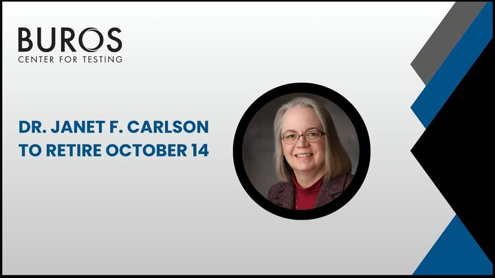Dr. Janet F. Carlson smiling, framed on a white and blue graphic background.