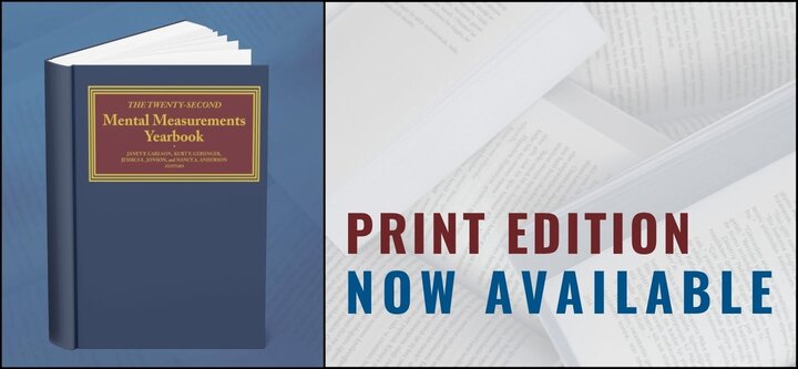 Blue book cover titled "Mental Measurements Yearbook" with open book pages and text: "Print Edition Now Available."