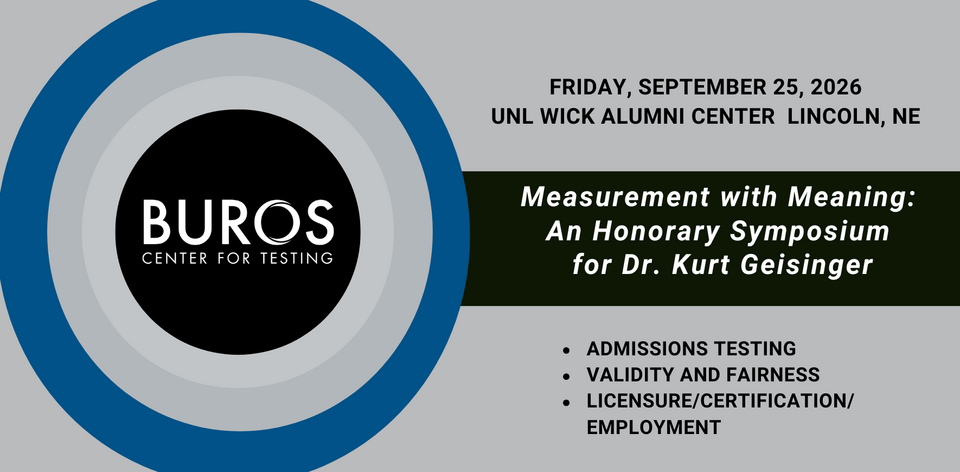 BUROS logo, symposium details, and text about testing and employment on a gray and blue design.