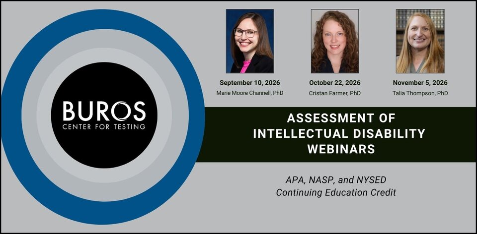 Buros Center for Testing logo, webinar dates, and speaker photos. Text: Assessment of Intellectual Disability Webinars.